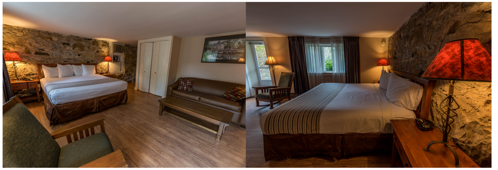 two views of a dimly lit hotel room